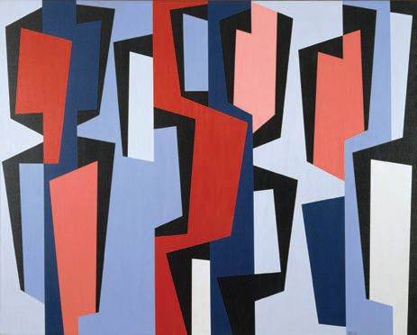 A piece by Karl Benjamin, on view at San José Museum of Art through April 2022. PHOTO: KARL BENJAMIN, “TOTEM GROUP IV” (1957, OIL ON CANVAS), 40 X 50 INCHES. MUSEUM PURCHASE WITH FUNDS CONTRIBUTED BY THE OSHMAN FAMILY FOUNDATION, IN HONOR OF THE SAN JOSÉ MUSEUM OF ART’S 35TH ANNIVERSARY, PHOTO COURTESY OF SAN JOSÉ MUSEUM OF ART